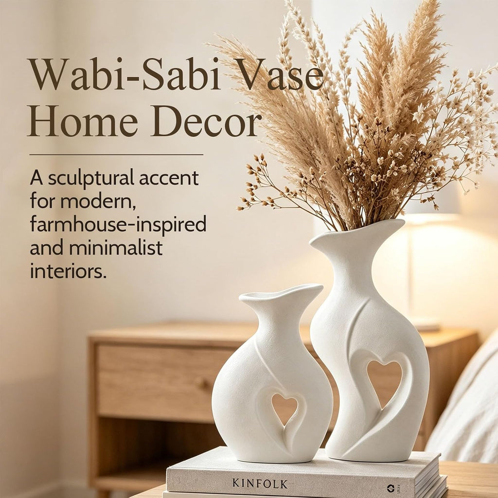 Heart Shaped Ceramic Vases Wabi Sabi Boho Flower Vase Set (White)