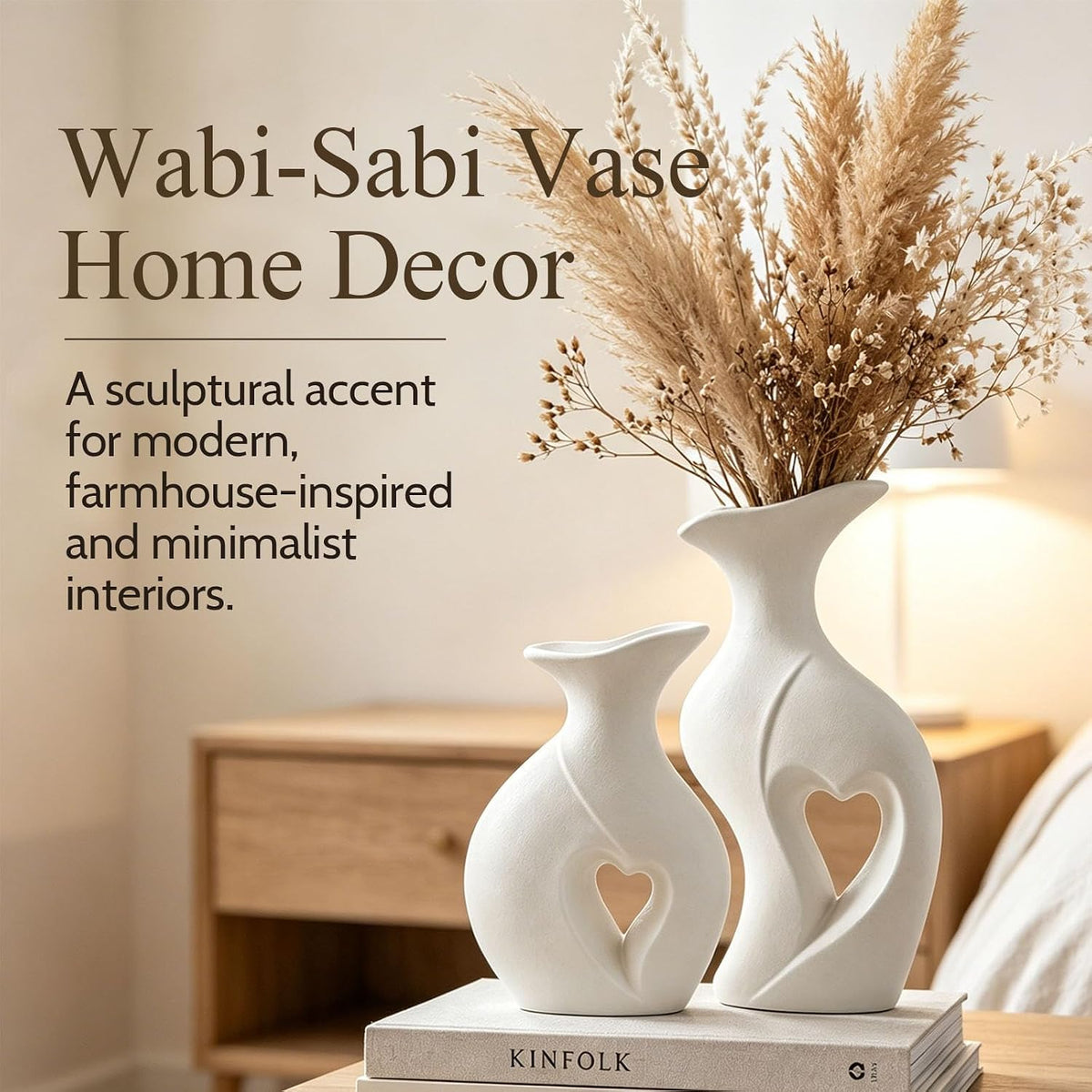 Heart Shaped Ceramic Vases Wabi Sabi Boho Flower Vase Set (White)