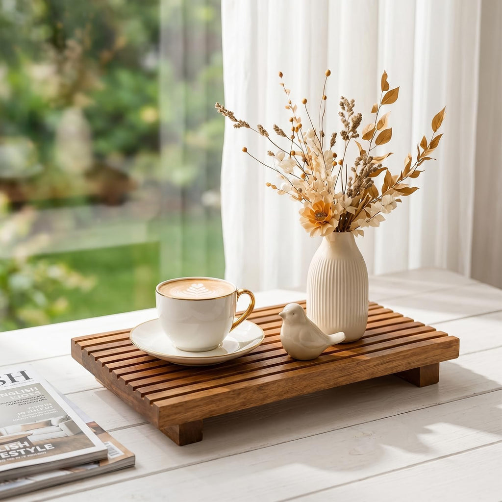 Acacia Wood Pedestal Stand Bathroom Tray Organizer Kitchen Counter Decor