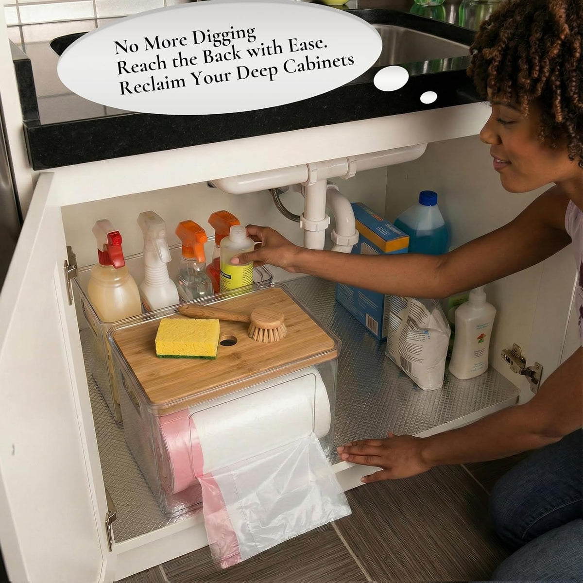 Hudgan 2 in 1 Acrylic Trash Bag Dispenser Under Sink, Garbage Bags Holder with Stackable Bamboo Top for Kitchen, Pantry, Laundry Room
