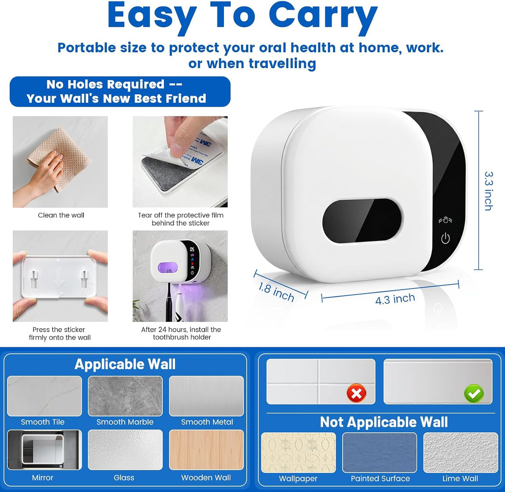 Toothbrush Holder for Bathroom, Infrared Sensing Toothbrush Cleaner with 2 Slots for Most Toothbrush Sizes, Wall Mounted Tooth Brush Holder with LED Smart Display & Hot Air Drying for Travel (White)