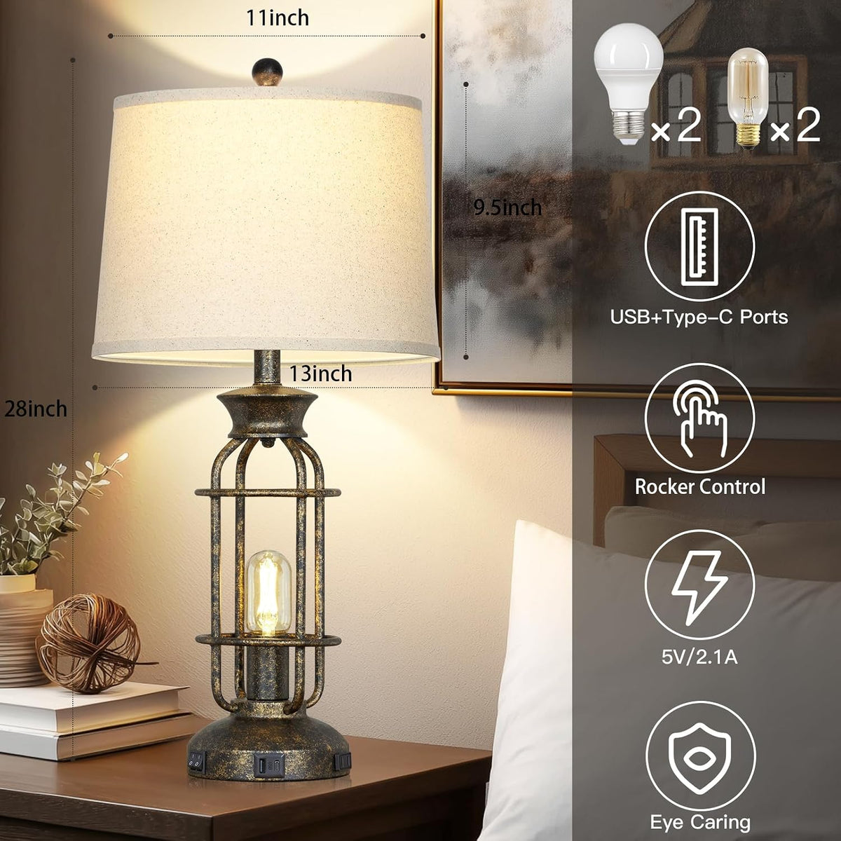 28" Tall Farmhouse Table Lamp with USB C+A Charging Ports & AC Outlet, Rustic Industrial Bedside Lamp for Living Room, Vintage Nightstand Lamp for Bedroom End Table Bronze Single, 2 Bulbs Included