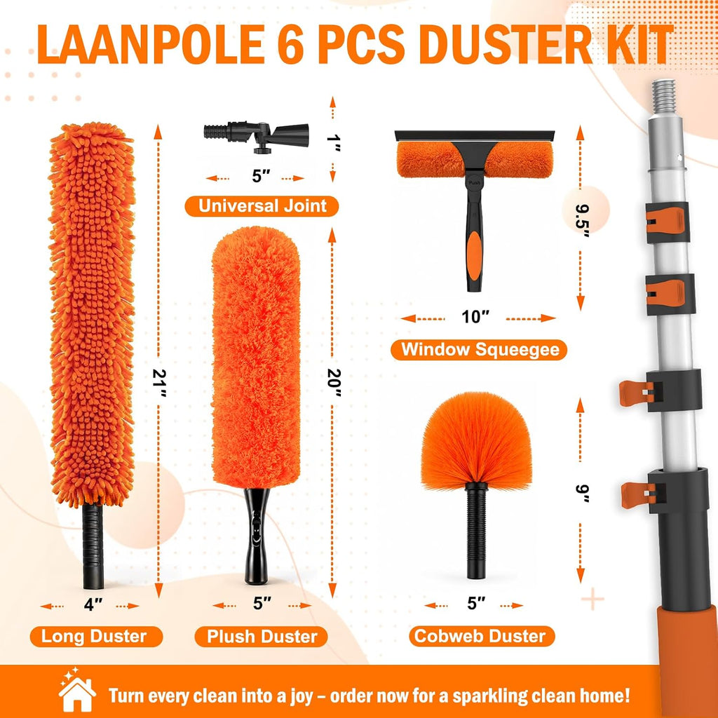 LAANPOLE 26FT High Reach Duster Cleaning Kit with Extension Pole, High Ceiling Fan Cleaner Duster Tool for Fan Blades, Window Washing Kit with Microfiber Feather Duster & Window Squeegee
