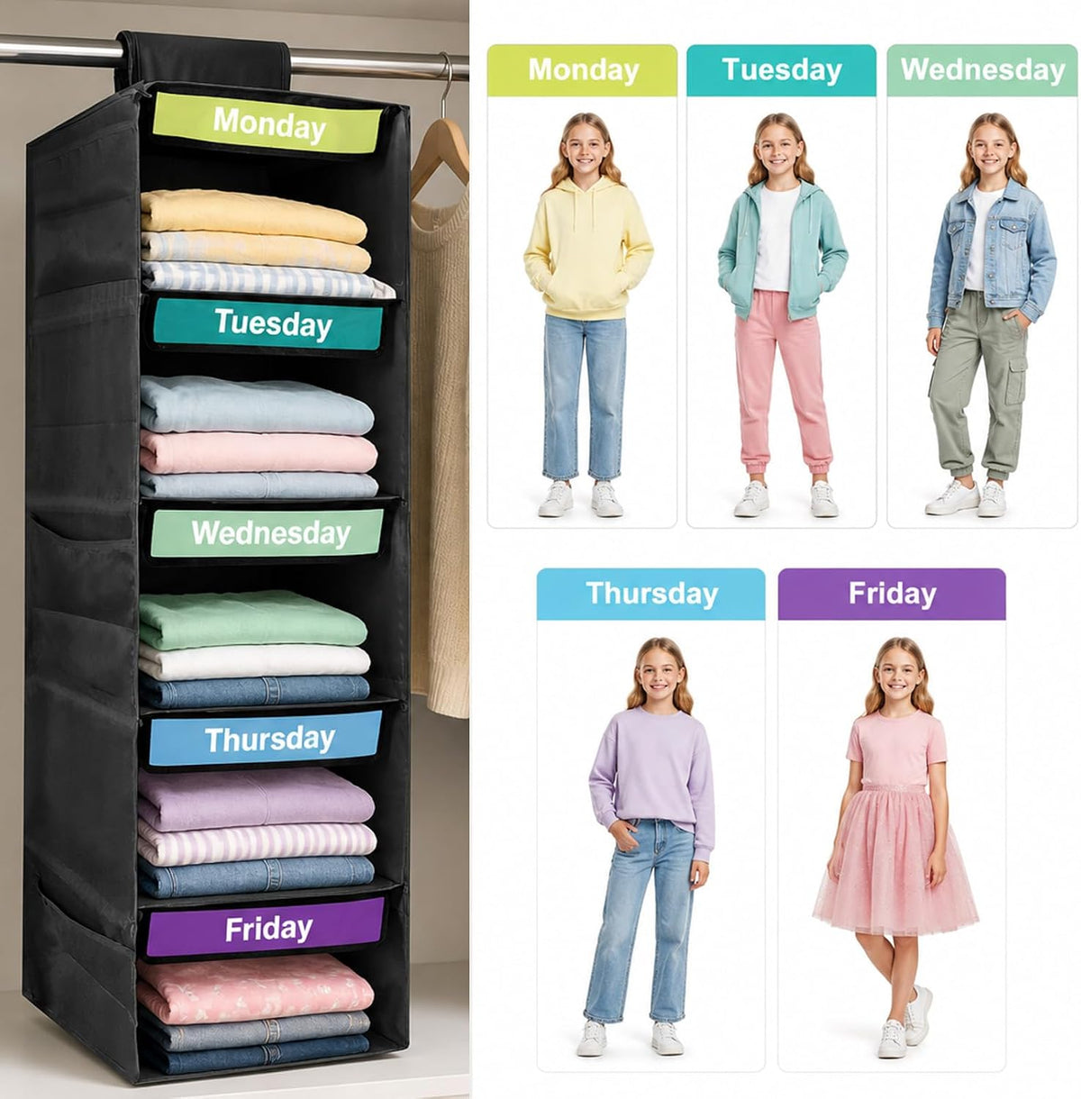 5-Shelf Weekly Clothes Organizer for Kids Days of The Week Storage (Black)
