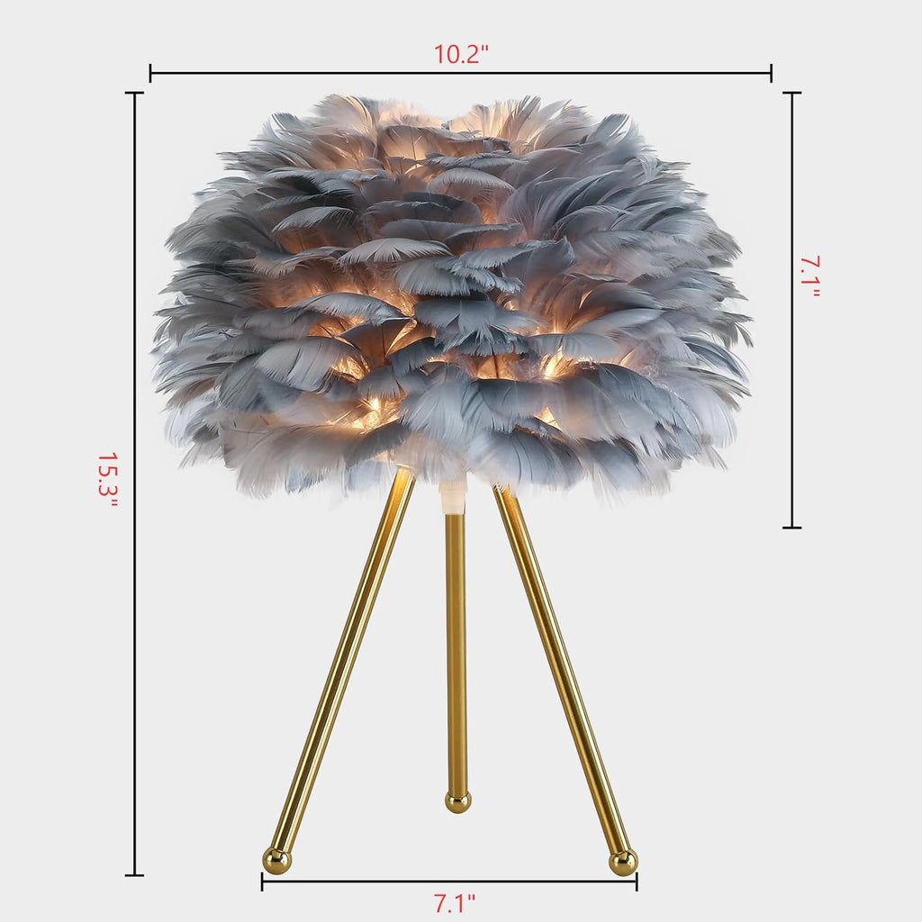 Capslpad 15.3" Feather Tripod Table Lamp - Grey Modern Desk Lamp With Gold Finish for Living Room, Kids, Bedroom, Nursery, Girls Decor - Small Bedside Nightstand Lamp