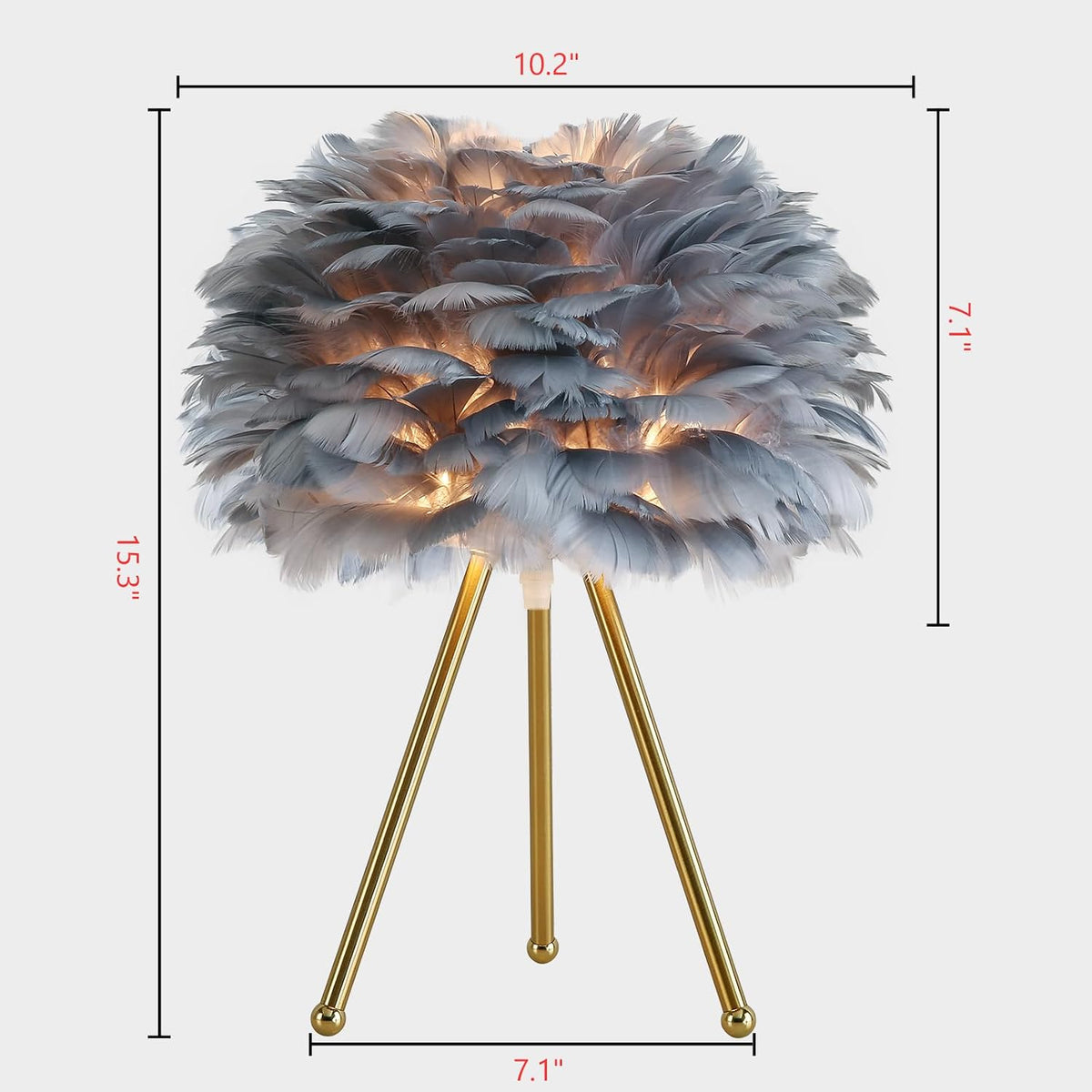 Capslpad 15.3" Feather Tripod Table Lamp - Grey Modern Desk Lamp With Gold Finish for Living Room, Kids, Bedroom, Nursery, Girls Decor - Small Bedside Nightstand Lamp