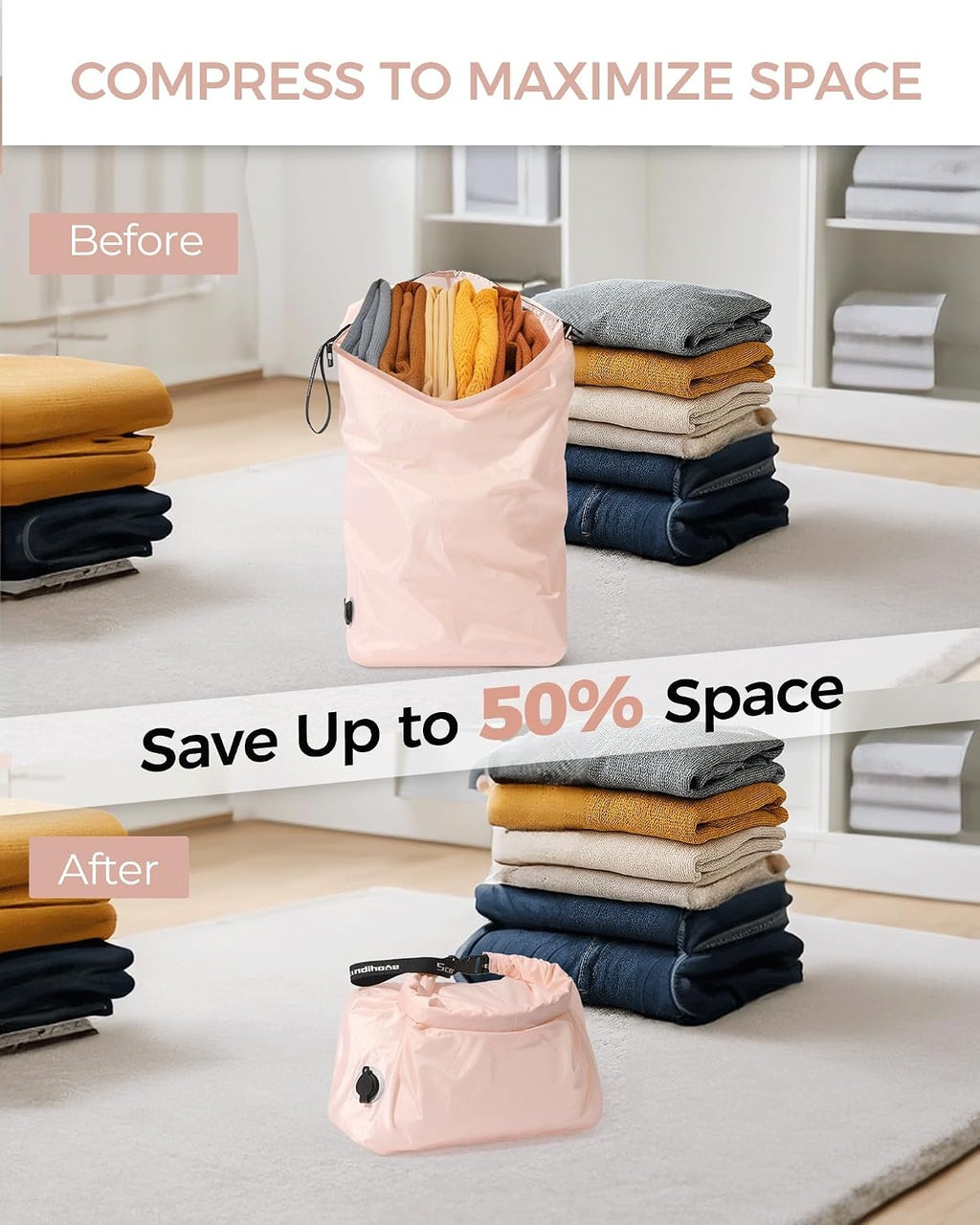 Compression Travel Laundry Bag for Dirty Clothes, Pump-Free Laundry Bag for Suitcase & Dorm, Waterproof Wet Dry Clothes Organizer, Large Capacity Space Saving Travel Bag (1 Pcs)(Pink, M)