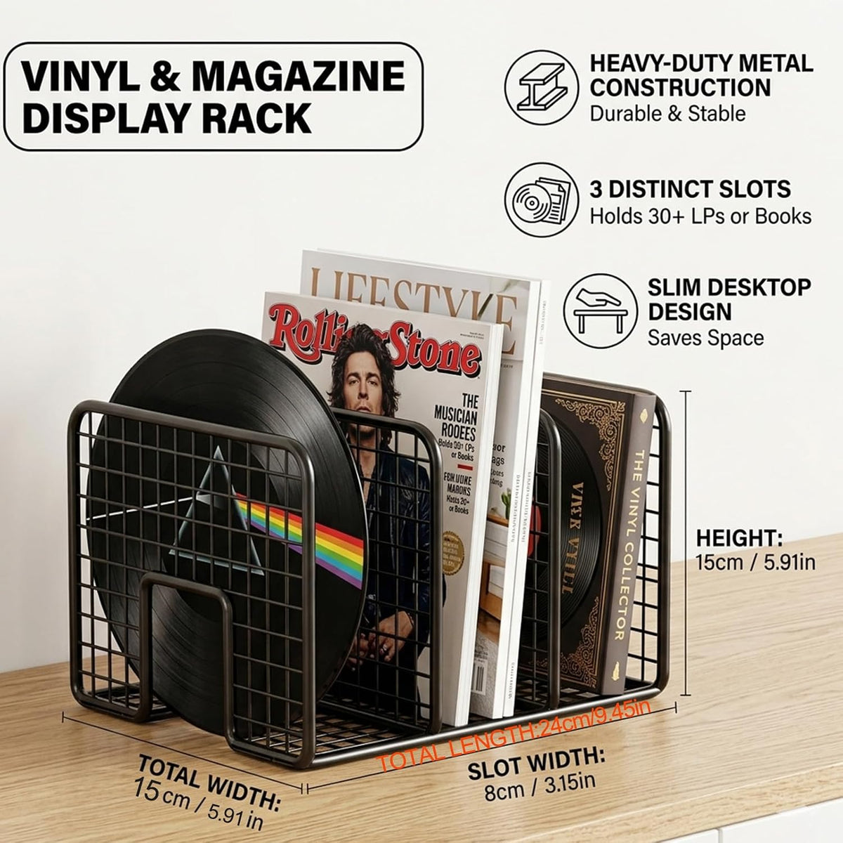 Vinyl Record Holder Storage, 3 Slot Metal Magazine Book Album Display Rack, Stylish Desktop File Tabletop Magazine Holder Rack, Record Storage, Album Storage Rack for LP Records/Magazines/Music Lovers