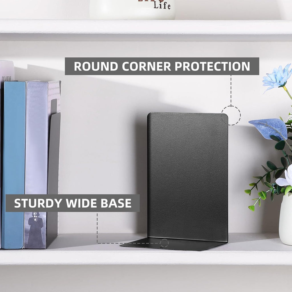 Beeveer 6 Pairs Metal Bookends for Shelves Office Library, Black