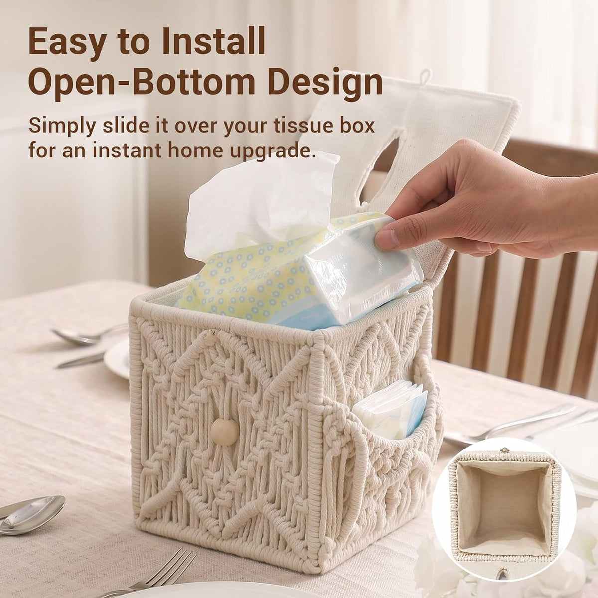 Macrame Tissue Box Cover, Boho Square Tissue Holder, Handmade Woven Cotton Rope Decorative Facial Tissue Dispenser for Bathroom Vanity, Living Room, Bedroom and Office, Off-White