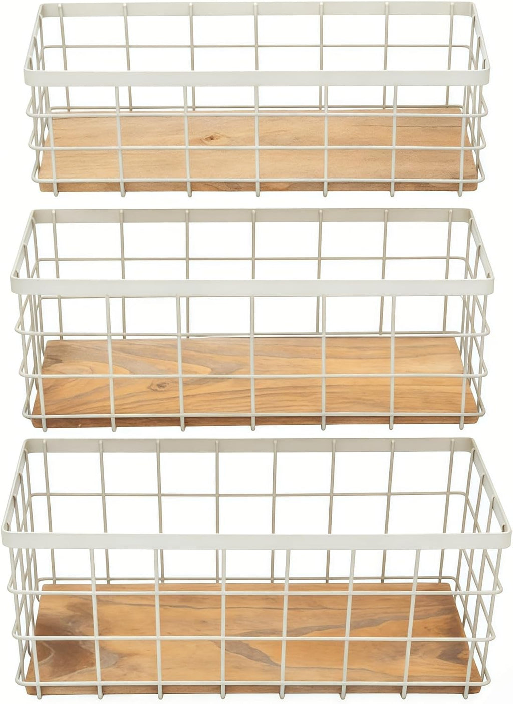 TIEYIPIN Farmhouse Decor Metal Wire Storage Baskets, Wood Base Containers Organizing Basket Caddy Bin for Kitchen Cabinets, Bathroom, Pantry, Garage, Laundry Room, Closets - Cream White (Set of 3)