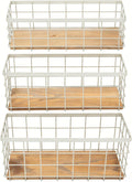 TIEYIPIN Farmhouse Decor Metal Wire Storage Baskets, Wood Base Containers Organizing Basket Caddy Bin for Kitchen Cabinets, Bathroom, Pantry, Garage, Laundry Room, Closets - Cream White (Set of 3)
