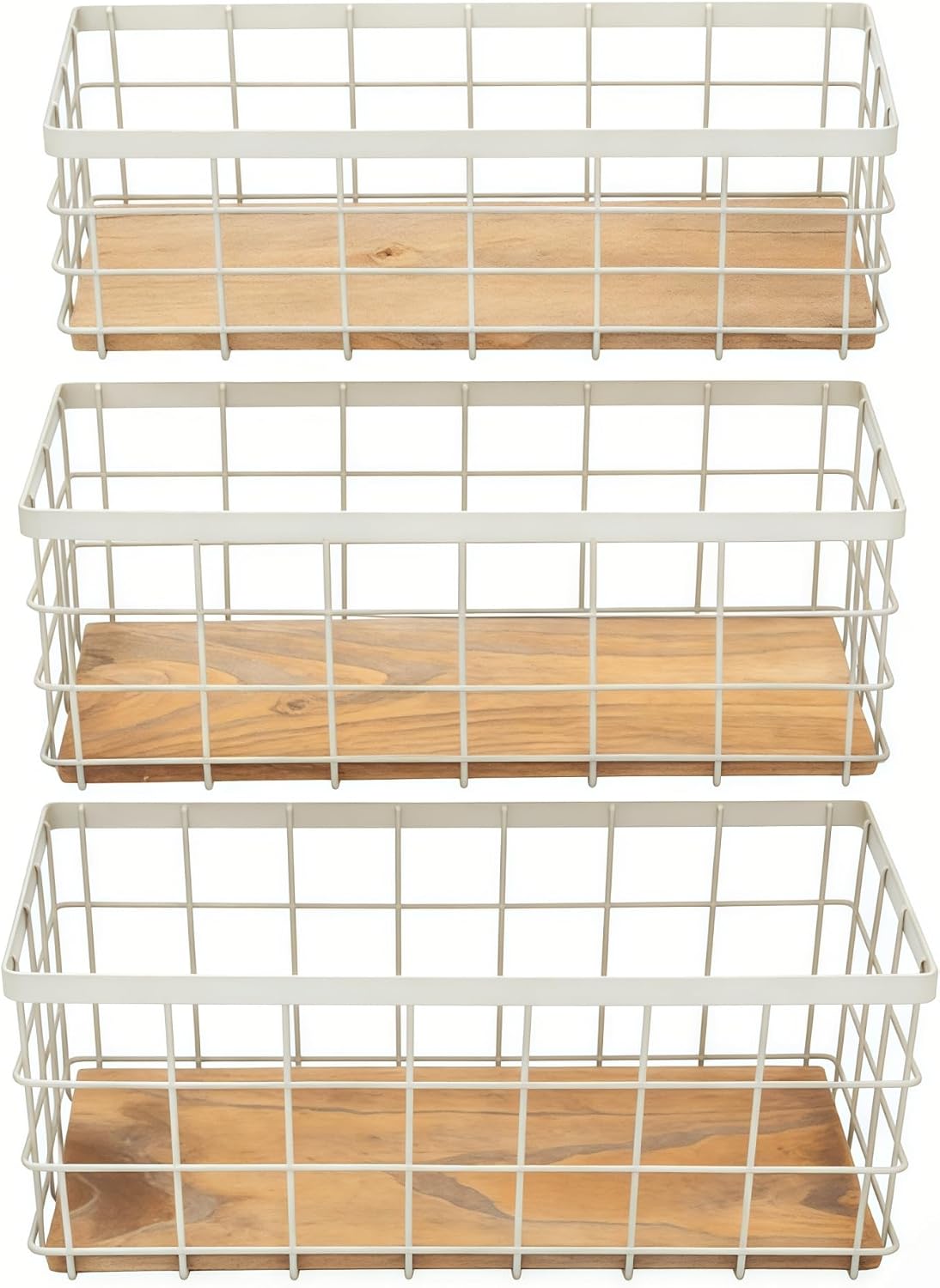 TIEYIPIN Farmhouse Decor Metal Wire Storage Baskets, Wood Base Containers Organizing Basket Caddy Bin for Kitchen Cabinets, Bathroom, Pantry, Garage, Laundry Room, Closets - Cream White (Set of 3)