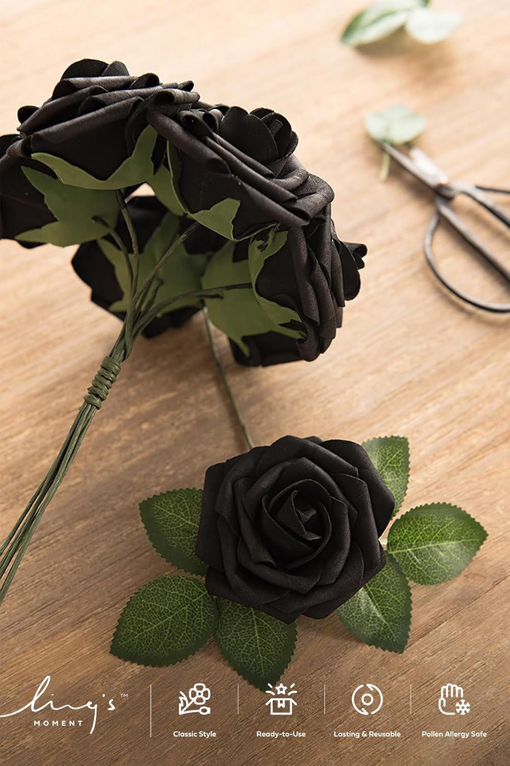 Ling's moment Artificial Flowers 50Pcs Black Roses Decor w/Stems