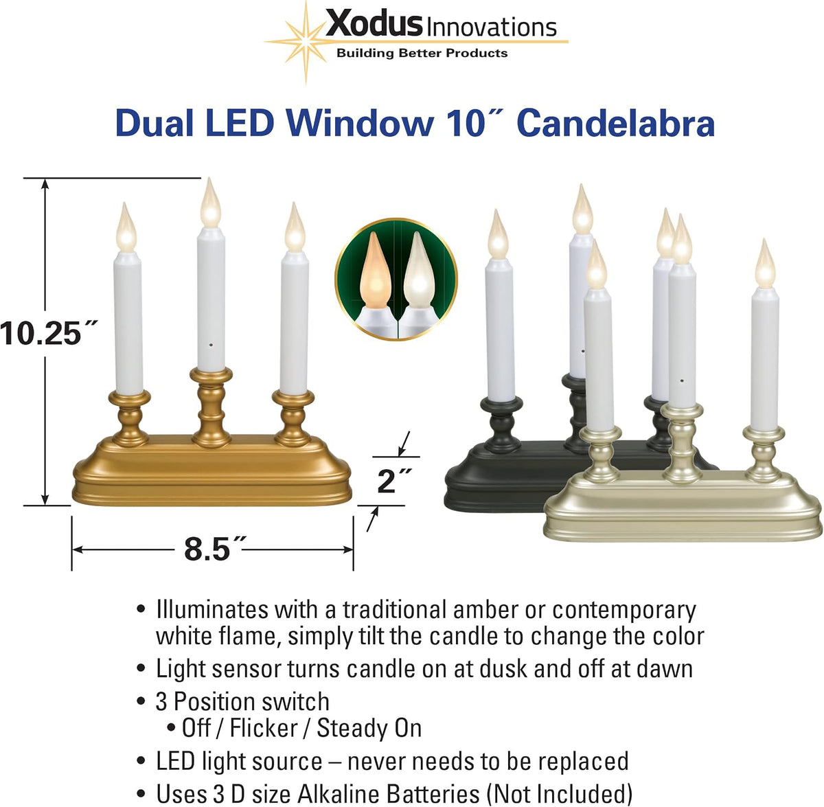 Xodus Battery Operated Window Candles, Aged Bronze, Candelabra, 3 Pack