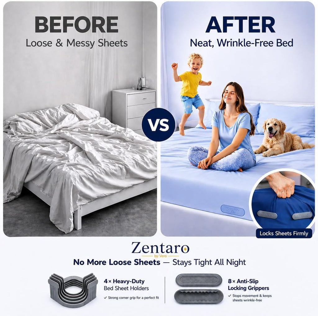 Bed Sheet Holders for Corners 4-Pack Lock Fitted Sheet Holder Set with Sheet Straps & Easy Tucker Tool, Universal Bed Sheet Clips for All Mattress Sizes, Non-Slip ABS, White