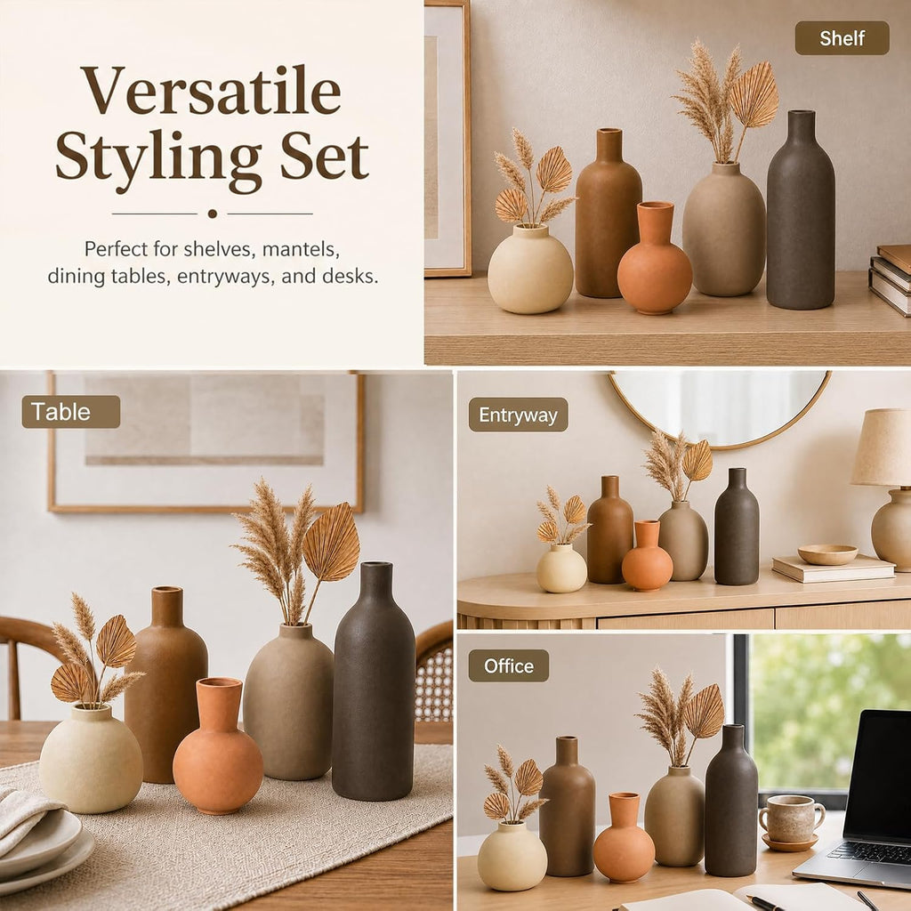 Small Neutral Ceramic Vase Set – Cute 5 Matte Earth-Tone Vases for Japandi, Scandinavian, or Minimalist Home Decor, Table, Entryway, Shelf & Mantel Styling