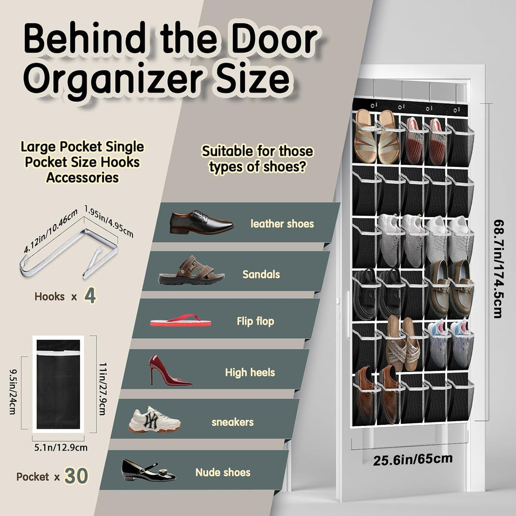 Kotkn Over the Door Shoe Organizer with 30 Breathable Mesh Pockets - Large Capacity Closet Storage for Men & Women, Hanging Shoe Rack Organizer (Solid black)