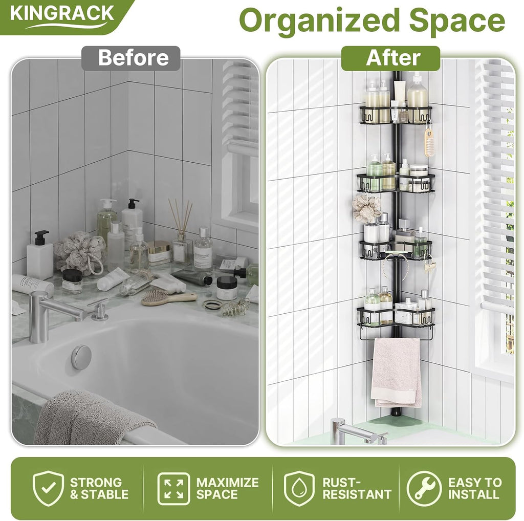 KINGRACK Corner Shower Caddy, 4‑Tier Tension‑Rod Shower Organizer, Black
