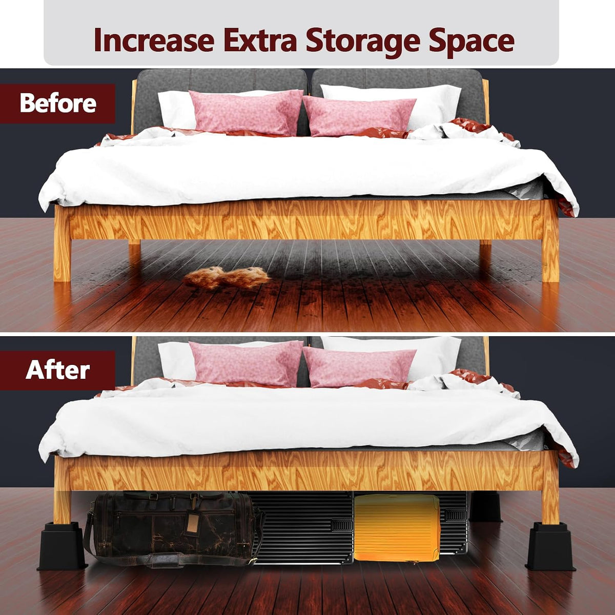 Bed Risers 8 inch Heavy Duty-Set of 4 Adjustable Furniture Risers, Elevation Heights of 3, 5 & 8 Inches, Supports Up to 1,300 lbs for Under-Bed Storage, College Dorms, Table and Couch(Black)