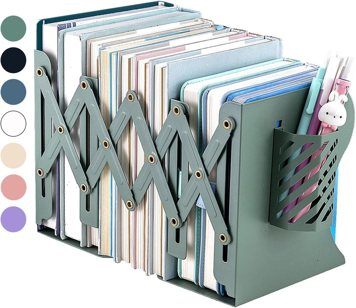 Kingsmile Book Ends, Adjustable Heavy Duty Metal Book Stoppers with Pen Holder for Desk Office Library Kids Room(Green)
