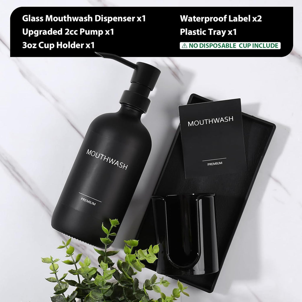 Mouthwash Dispenser for Bathroom, Glass Mouth Wash Pump Dispenser with Cup Holder, 17 Fl Oz Mouthwash Bottle Decanter with Tray, Refillable Mouthwash Dispenser Container (Matte Black)