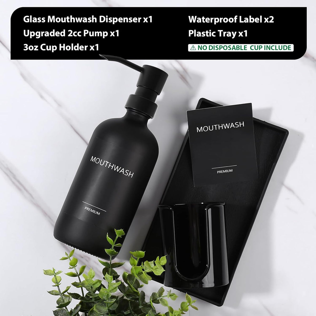 Mouthwash Dispenser for Bathroom, Glass Mouth Wash Pump Dispenser with Cup Holder, 17 Fl Oz Mouthwash Bottle Decanter with Tray, Refillable Mouthwash Dispenser Container (Matte Black)