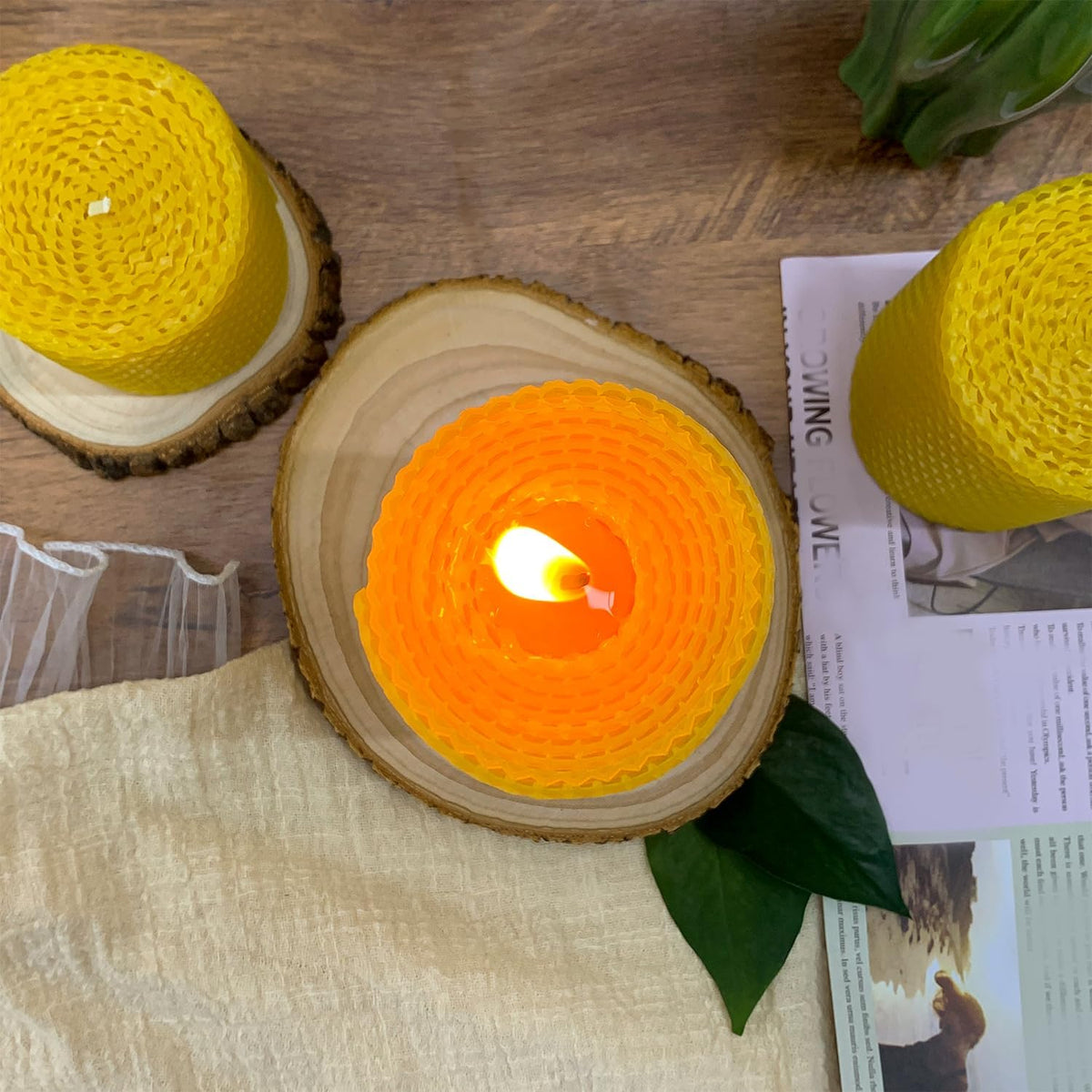 Beeswax Pillar Candles Set of 3, Size 3"x6", 3"x 4" & 3"x 3", Natural Bees Wax Candle Sheet Handrolled for Home Décor, Yellow