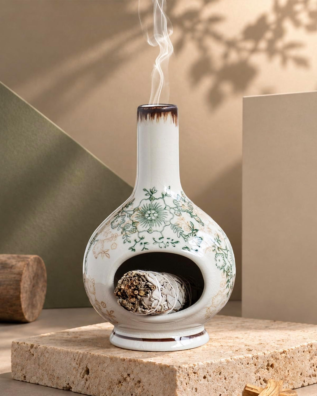 Handmade Ceramic Incense Burner - Palo Santo & Sage Holder, Floral Decor