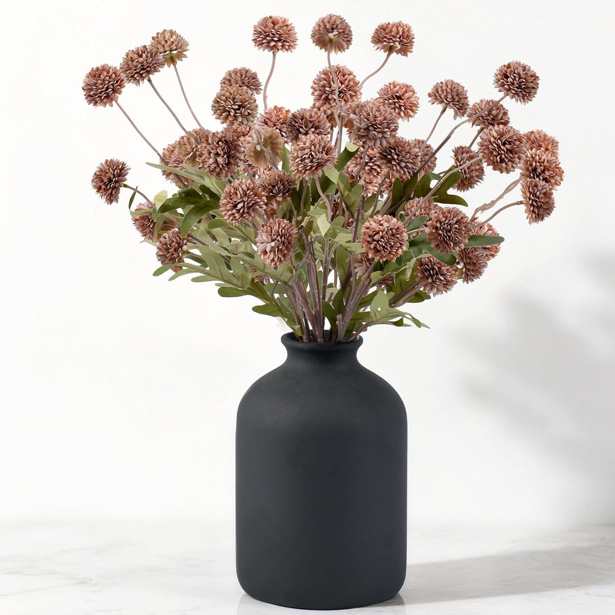 Faux Silk Mums Artificial Flowers - 7Pcs Artificial Mums Bendable Long Stems, Faux Flowers For Vase, Table, Wedding & Wreath Home Décor, Chrysanthemum Pom Pom Floral Arrangement, Coffee (No Vase)