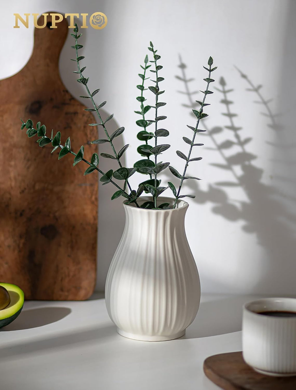NUPTIO Ceramic Flower Vase for Bouquet, White, 8.07" Tall