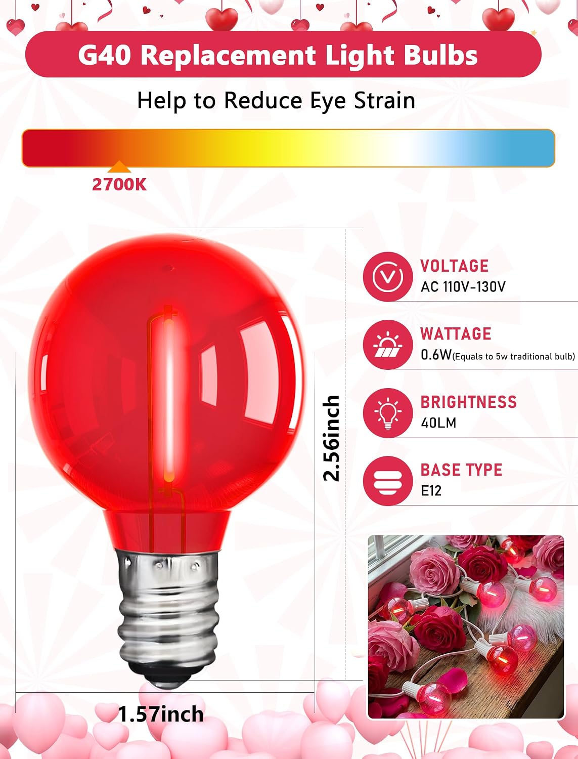 25 Pack G40 LED Red and Pink Replacement Light Bulbs, Shatterproof G40 LED Globe Lights Bulbs for Outdoor Patio String Lights Valentine's Day Party Christmas Decor, E12 C7 Candelabra Base, 2700K