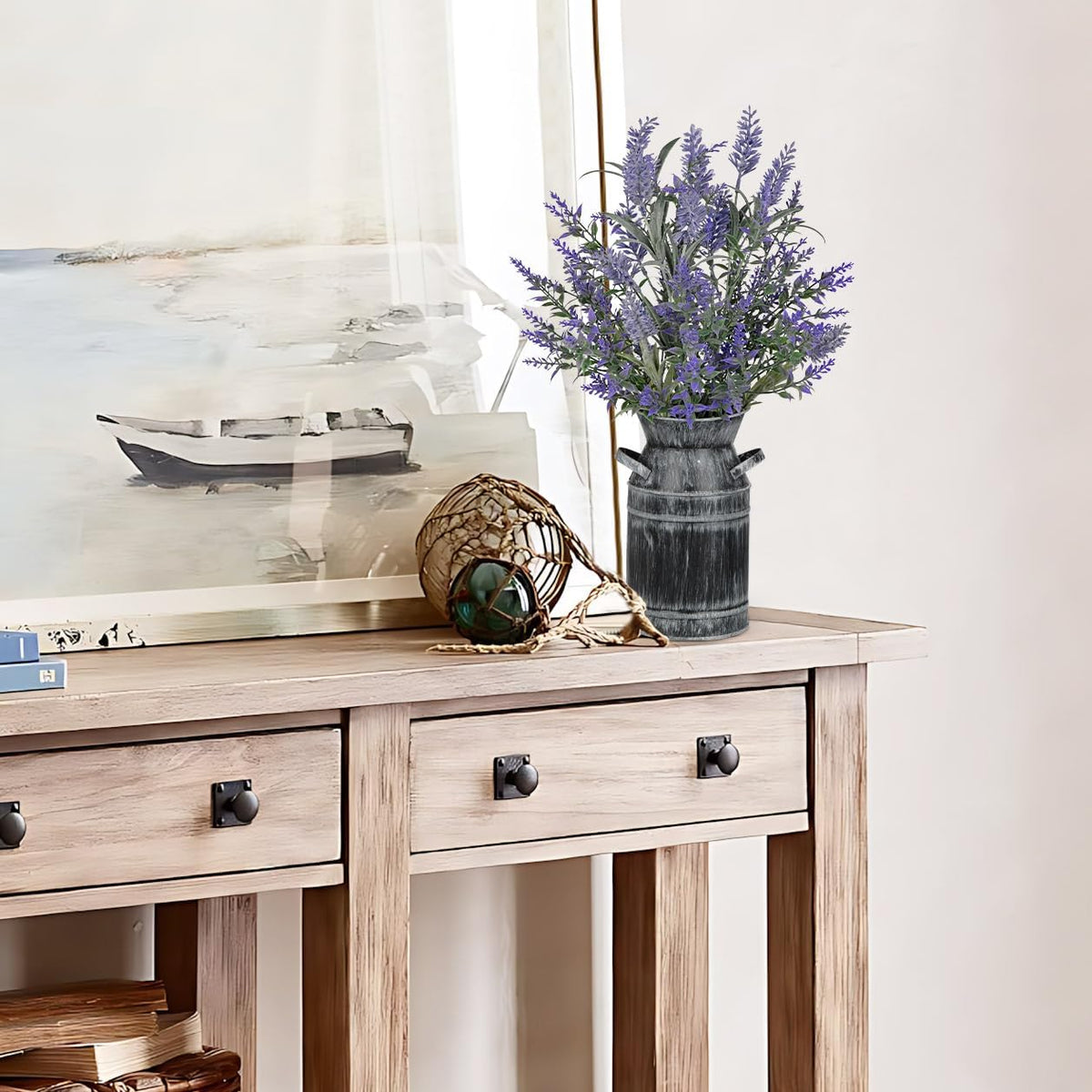 Artificial Lavender Flowers with Rustic Metal Vase 17 Inch Faux Lavender Plant Arrangement in Galvanized Planter Vintage Farmhouse Floral Decor for Home Office Kitchen Decor Wedding Table Centerpiece