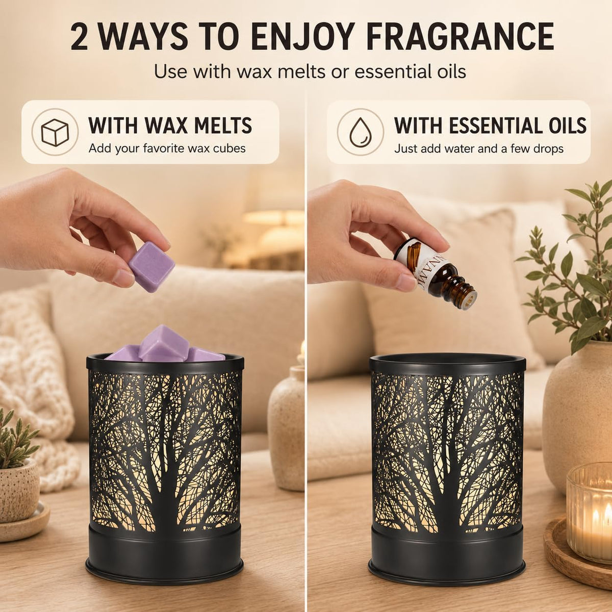 Nawaza Wax Melts Warmer Scented Metal 2-in-1 Electric LED Burner Black Tree