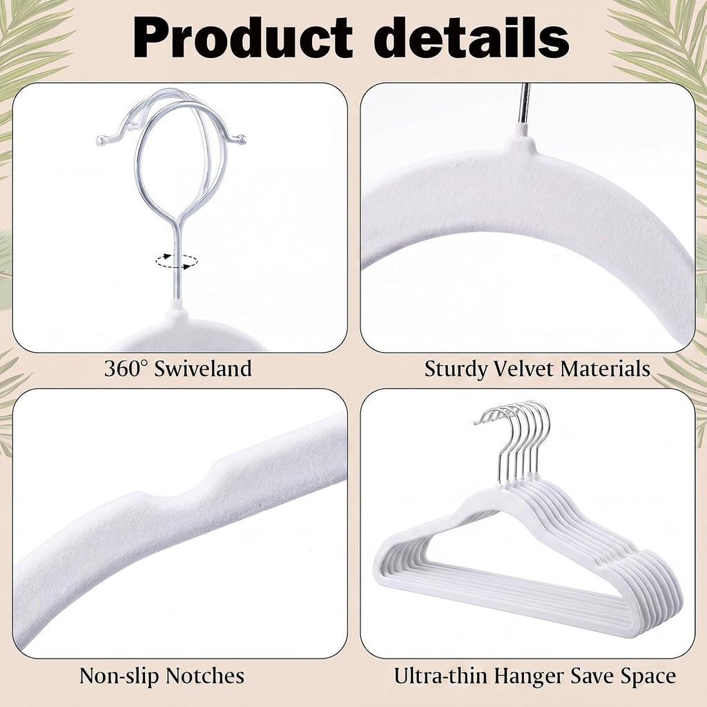 DoubleFill 50 Pack Velvet Shirt Hangers 360 Swivel Hook Slim, White