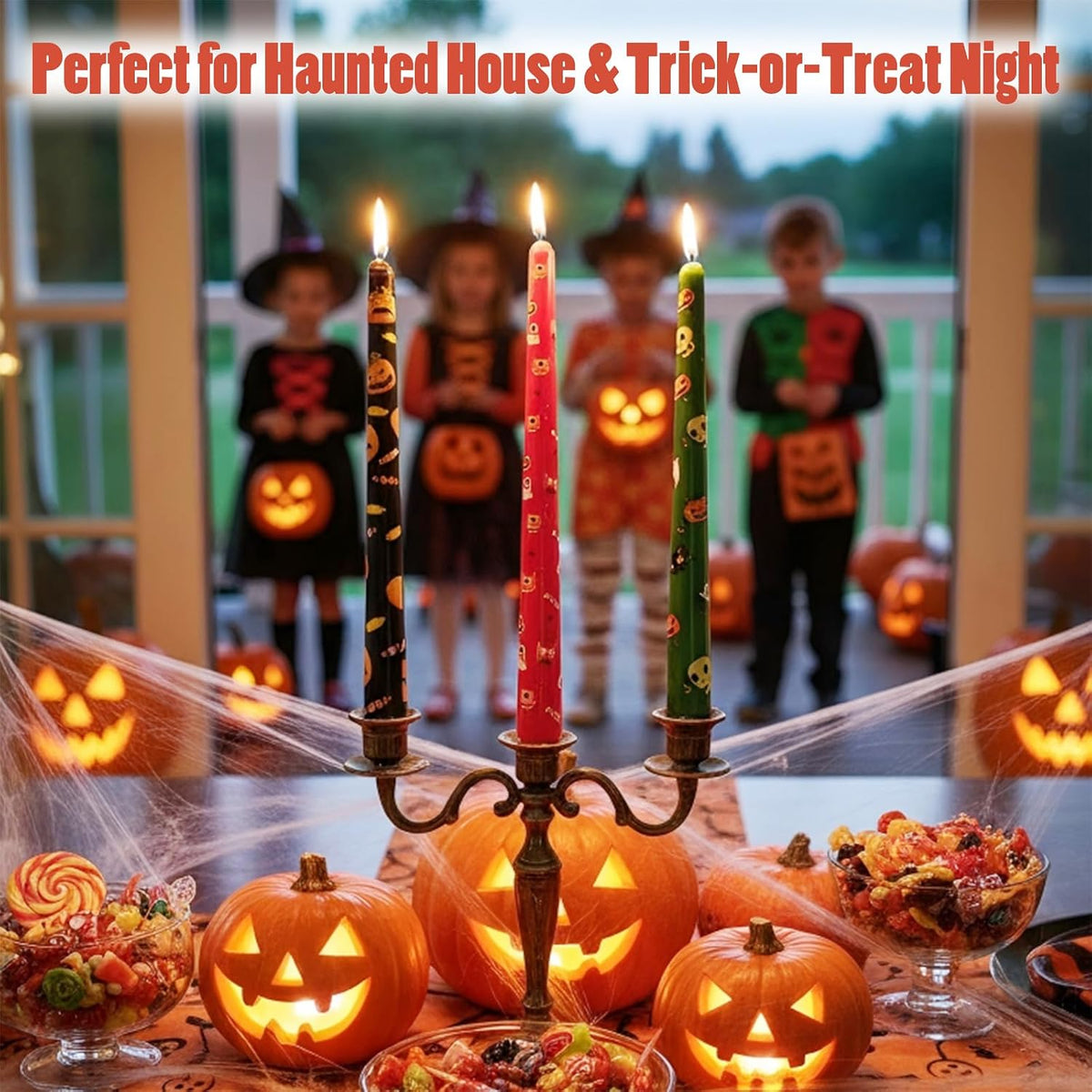 10-Inch Halloween Taper Candle Set of 4,Pumpkin Skeleton & Bat Prints, Spider Web Spooky Dinner Candles, Gift for Festive Halloween Day Decoration