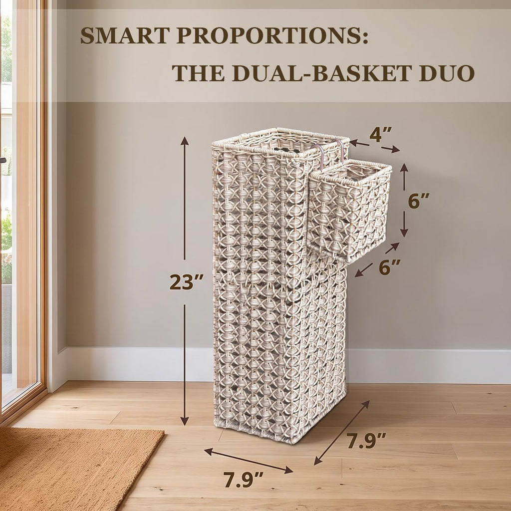 Square Wicker Umbrella Stand, Handwoven PE Rattan with Side Basket