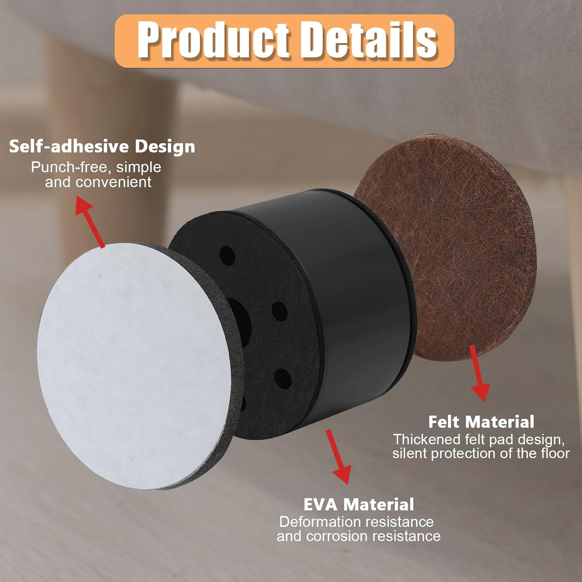 Biaungdo 4 Pcs Self-Adhesive Furniture Risers, 1.5", Black