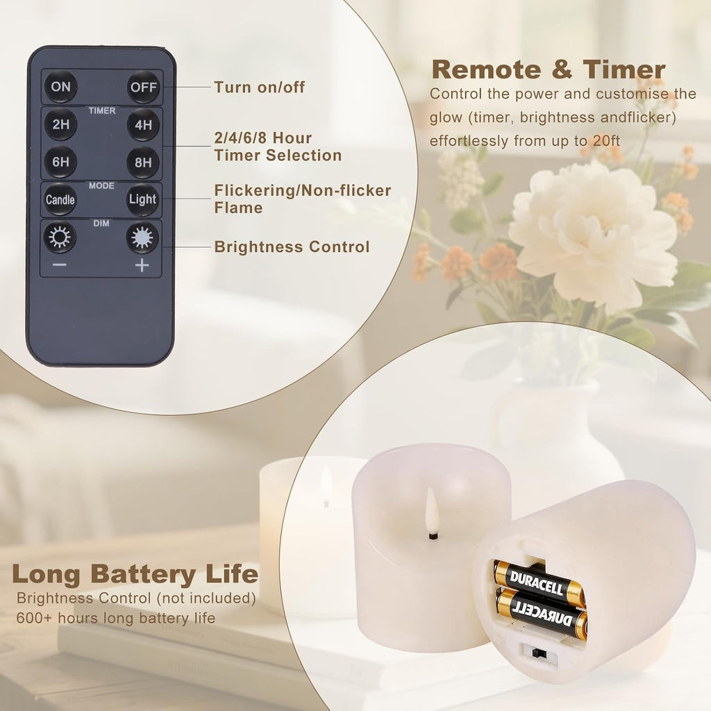 Flickering Flameless Candles, Real Wax Battery Operated Candles with Remote and Timer, 3"x 3" LED Fake Candles, Last 600+ Hours, Electric Battery Candles for Home Wedding Party Decor, 2 Pack