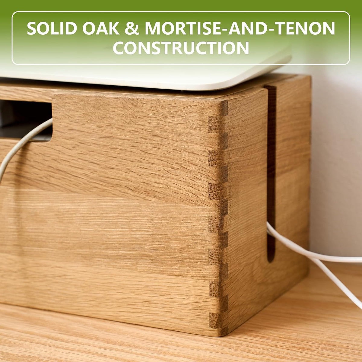 Oak Wood Cable Management Box - Large Cord Hider & Organizer with Magnetic Lid for Desk & Floor Cables in Home Office, Living Room, Bedroom (Natural)