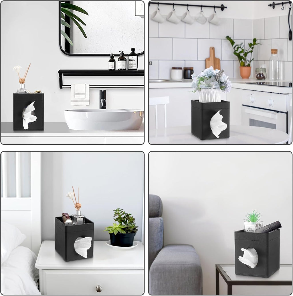 Sumnacon Square Tissue Box Cover with Storage Tray,Tissue Box Holder,Black