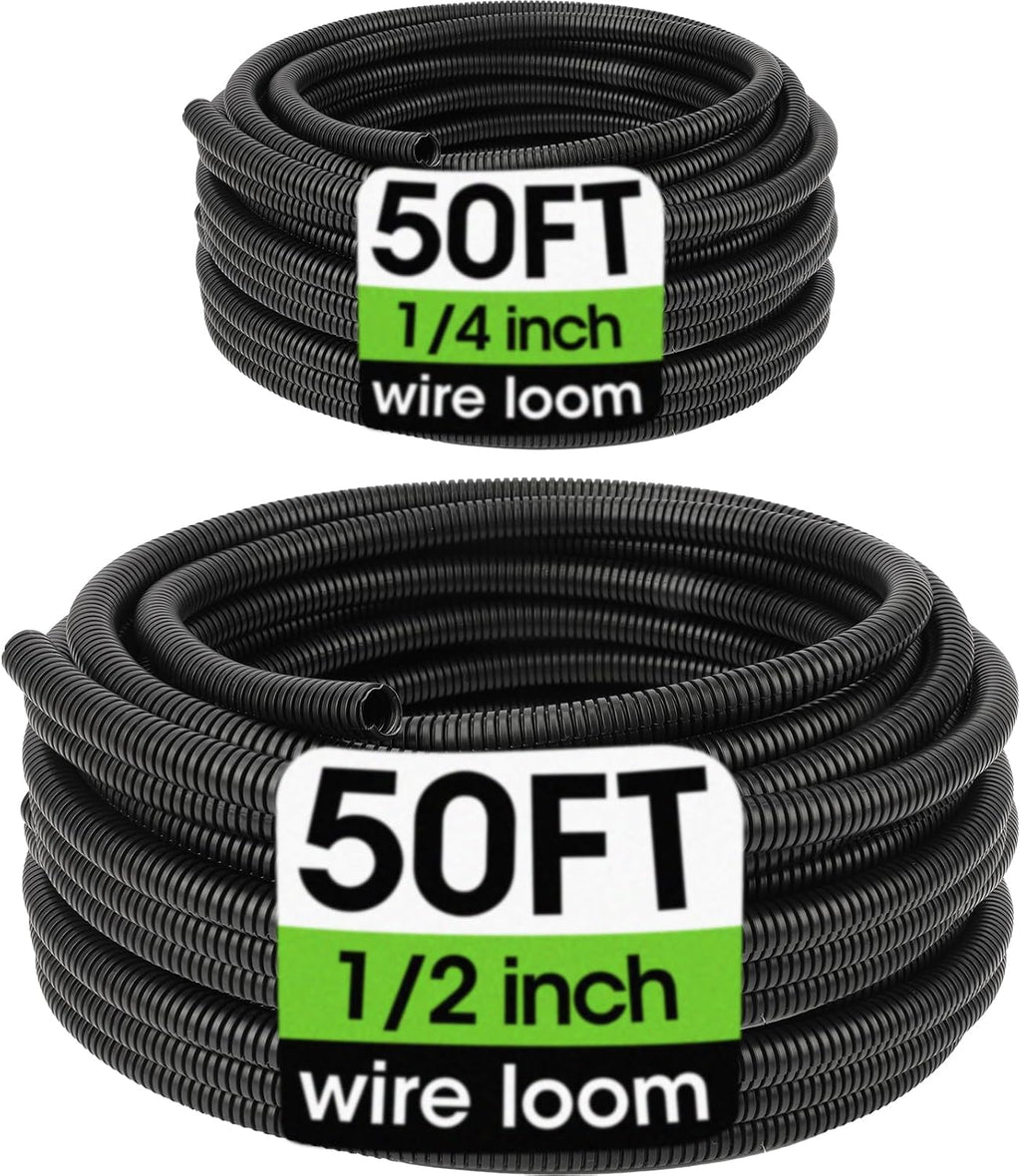 Wire Loom 1/4", 1/2 Inch x 50 FT, Split Wire Loom Tubing Wire Conduit, Cable Sleeves Bulk Flexible Electrical Conduit Protective kit – Black