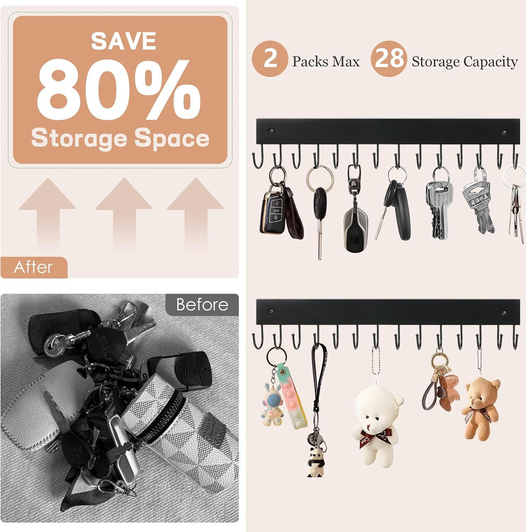 2-Pack Key Holder Wall Mount, 14.6" Key Rack with 28 Rotating Metal Hooks