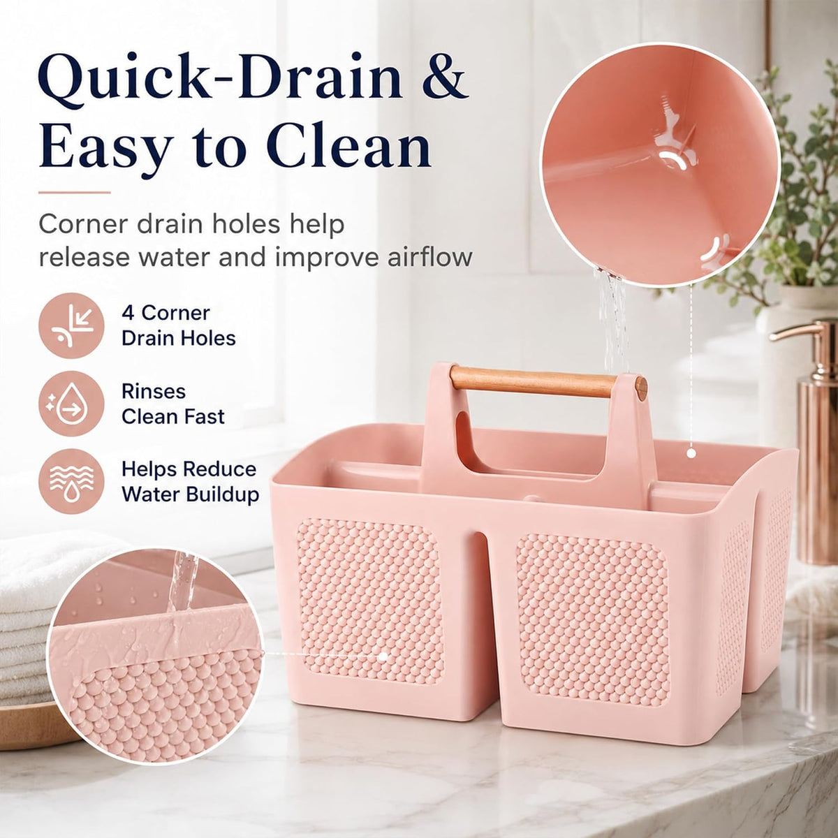 Haundry Portable Shower Caddy Basket with Handle, 3-Compartment Plastic Bathroom Organizer, Dorm Shower Basket for College Students, Quick Drain Storage Tote for Toiletries, Camping, Gym, RV