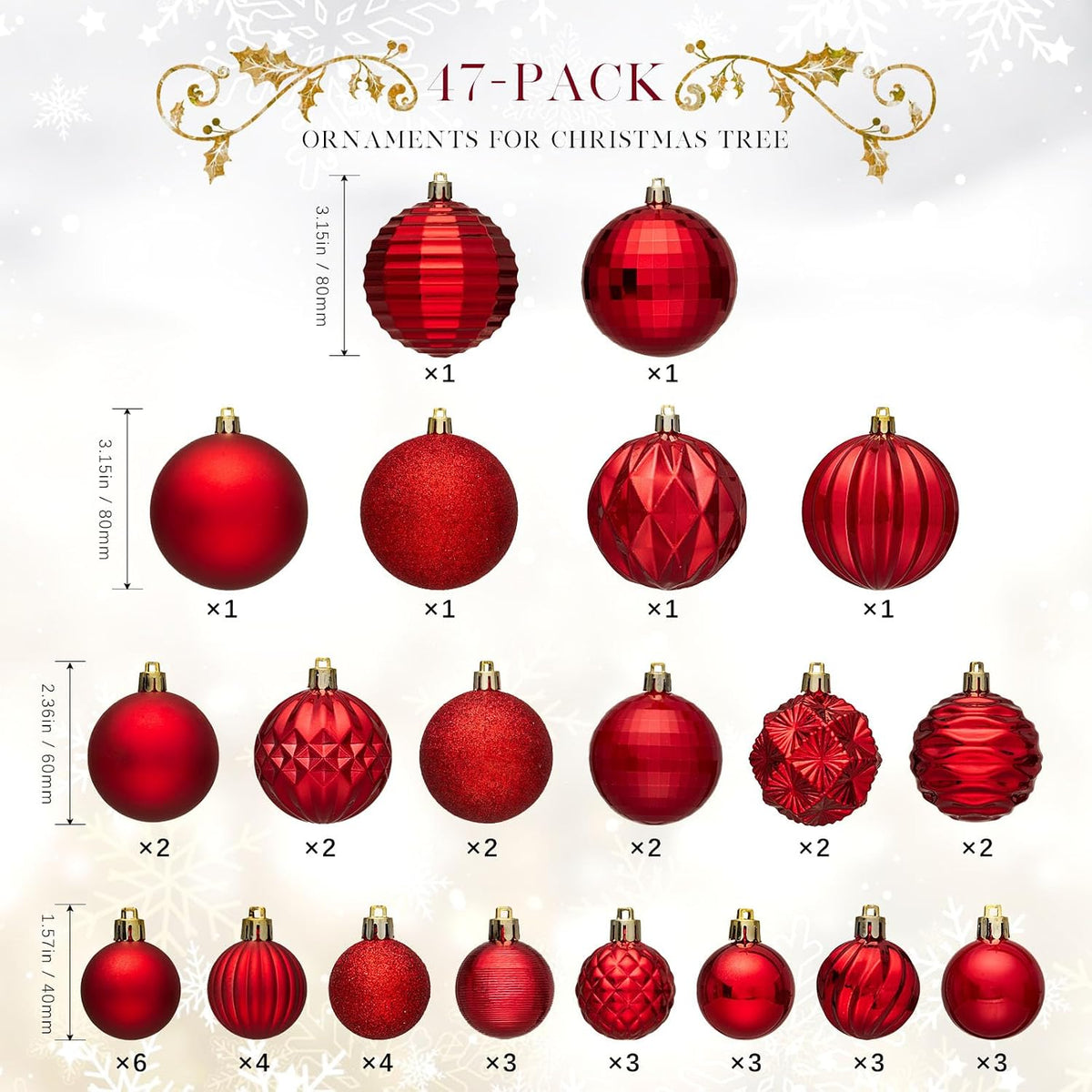 JORNOY 47CT Christmas Tree Balls Ornaments, Red