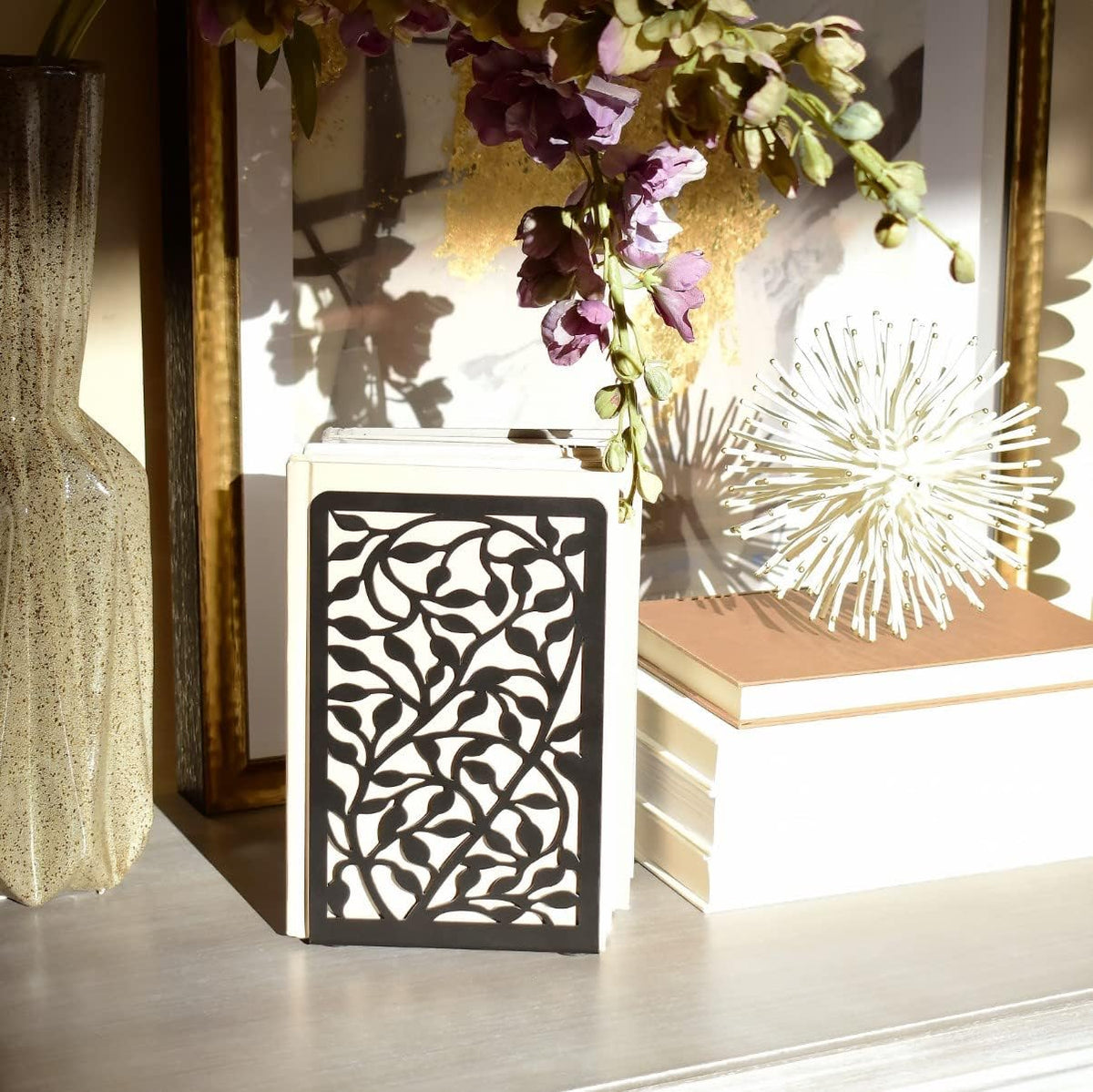 CNK Book Ends for Shelves - Metal Holders for Home Office Heavy Books, Shelf Stoppers, Decorative Set of 2 Black Infinite Leaves Bookends