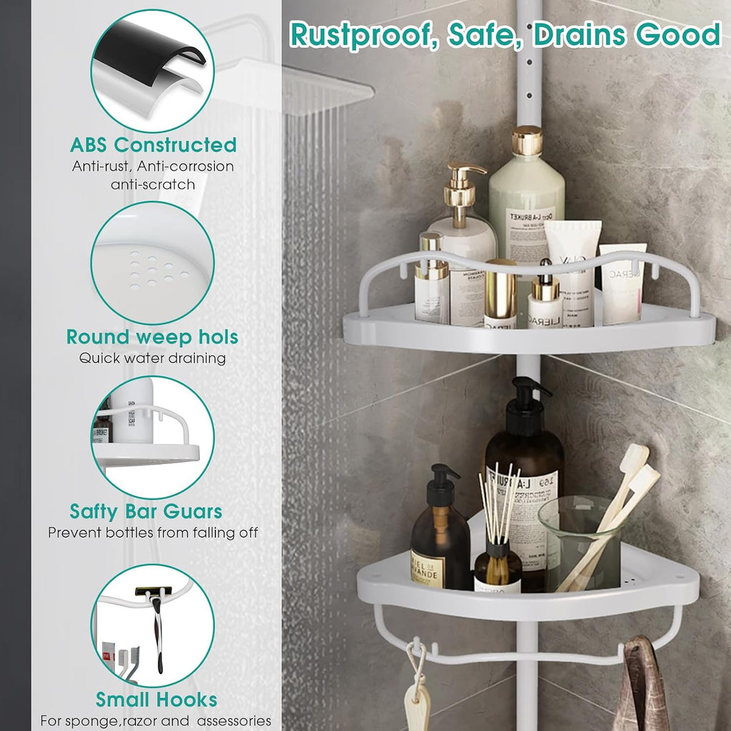 Corner Shower Caddy:125" Adjustable Inside Tension Shower Organizer Tension Pole,Rustproof Bathroom Organizer Shelves for Bathtub Shampoo Conditioner Storage,Floor to Ceiling Standing Showering Rack