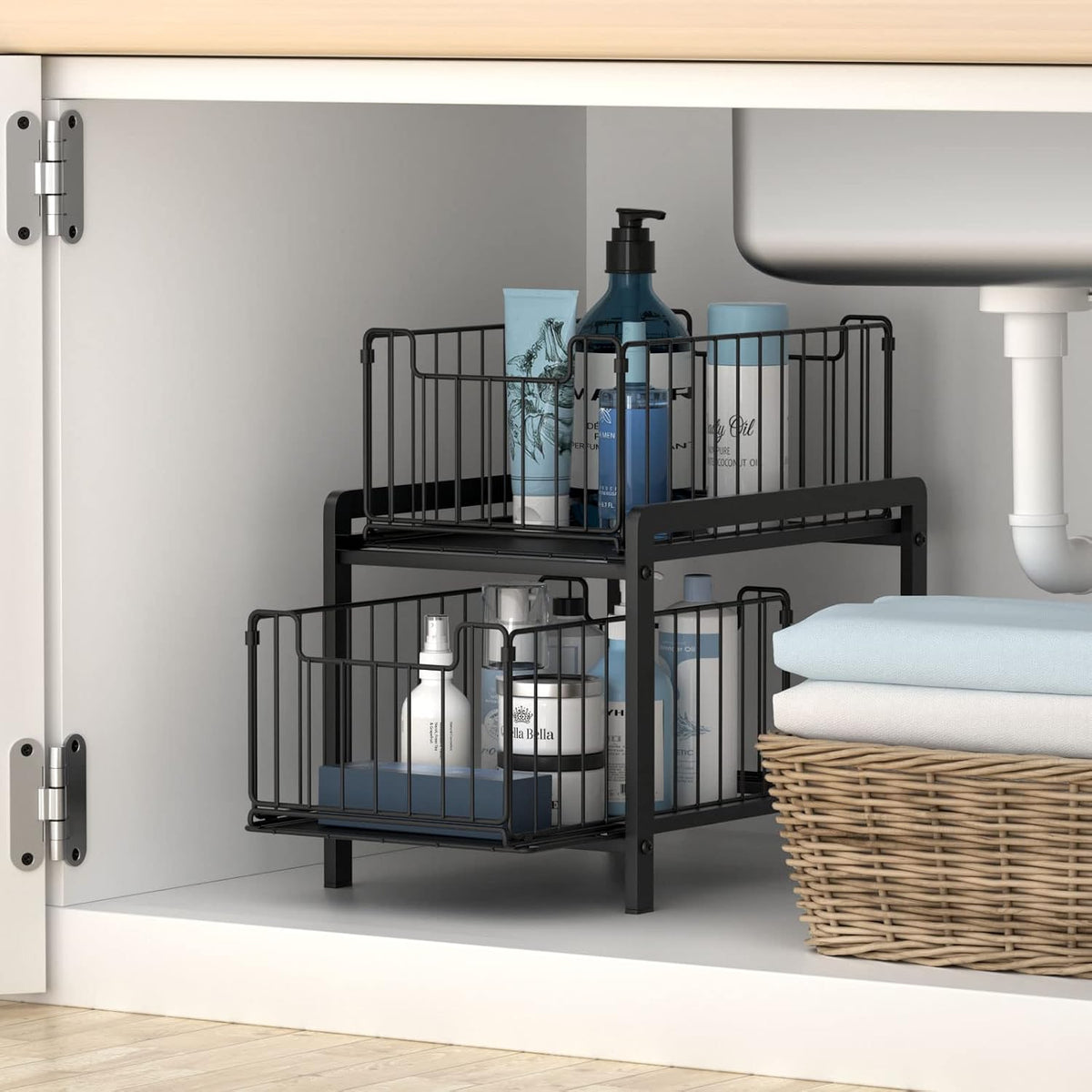 NPPLUS 2 Tier Black Under Sink Organzier With Sliding Drawer