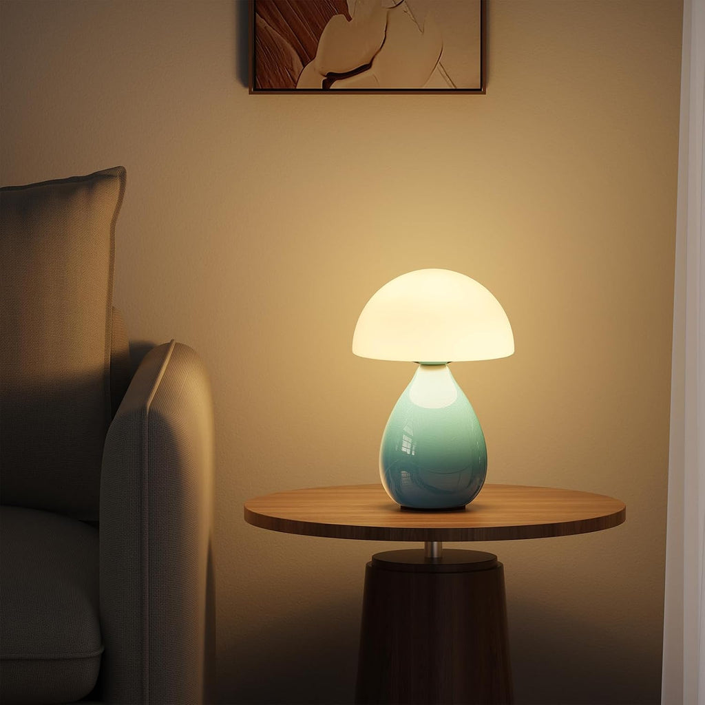 Mushroom Side Table Lamp, Mini Modern Lamp Small Vintage Table Bedside Nightstand Light, Small Light Dimmable for Bedroom, Living Room, Ceramic Base Glass Led Home Decor for Woman Gifts