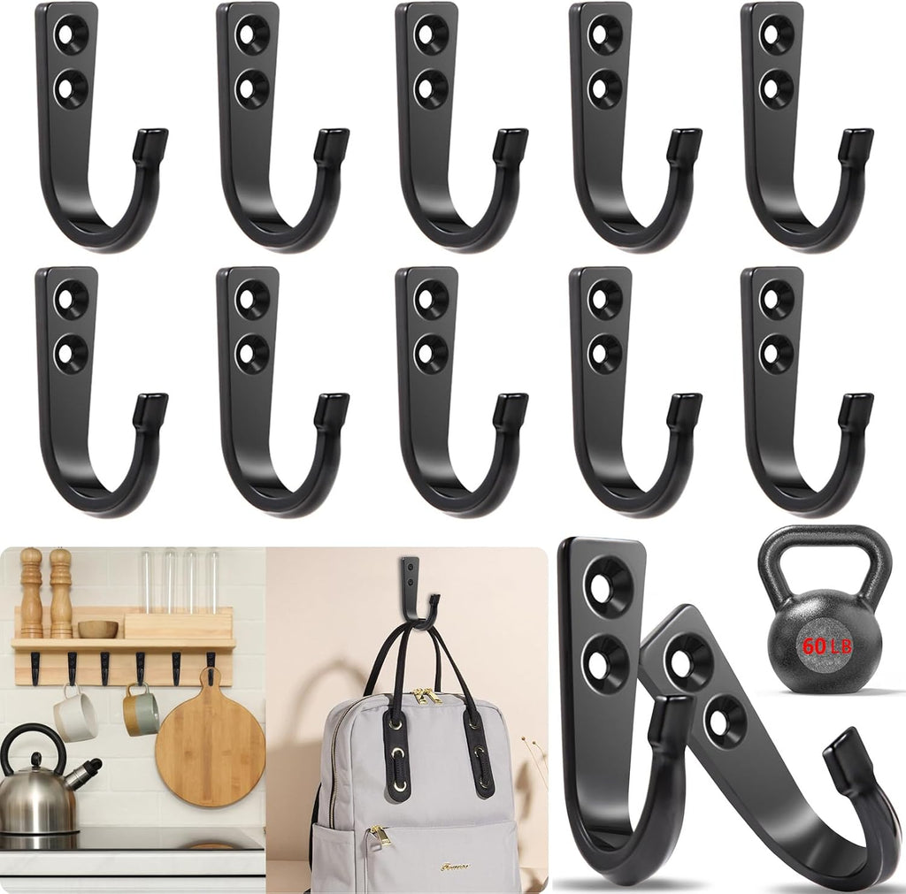 12 Pcs Metal Wall Hooks, Coat Hook, Hooks for Hanging，Suitable for Towels, Hats, Jackets, Backpacks, Keys, Coffee Mugs (Black)